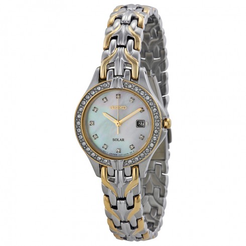 Seiko Solar Mother of Pearl Dial Crystal Bezel Two-tone Ladies Watch SUT084 watches