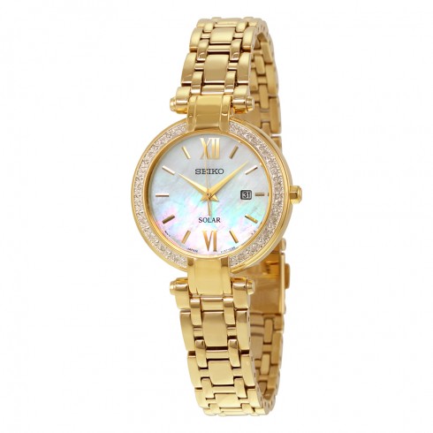 Seiko Solar Mother of Pearl Dial Gold-tone Ladies Watch SUT182 watches