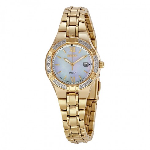 Replica Seiko Solar Mother Of Pearl Dial Gold-Tone Stainless Steel Ladies Watch SUT070 Watch