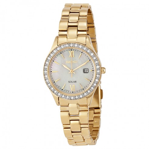 Seiko Solar Mother Of Pearl Dial Gold-Tone Stainless Steel Ladies Watch SUT076 watches