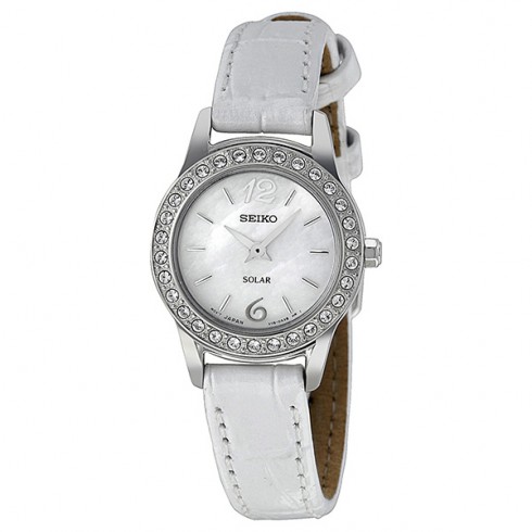 Seiko Solar Mother of Pearl Dial White Leather Ladies Watch SUP133 watches