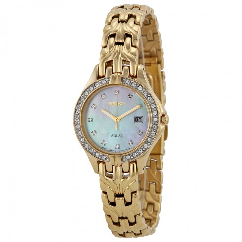 Replica Seiko Solar Mother of Pearl Swarovski Crystal Bezel Gold-tone Ladies Watch SUT086 Watch