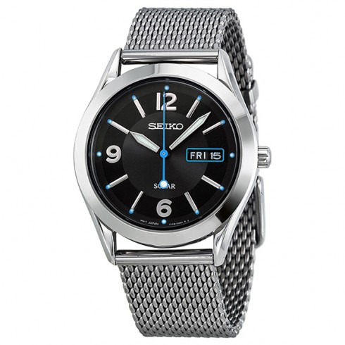Seiko Solar Quartz Black Dial Stainless Steel Mesh Men's Watch SNE233 watches
