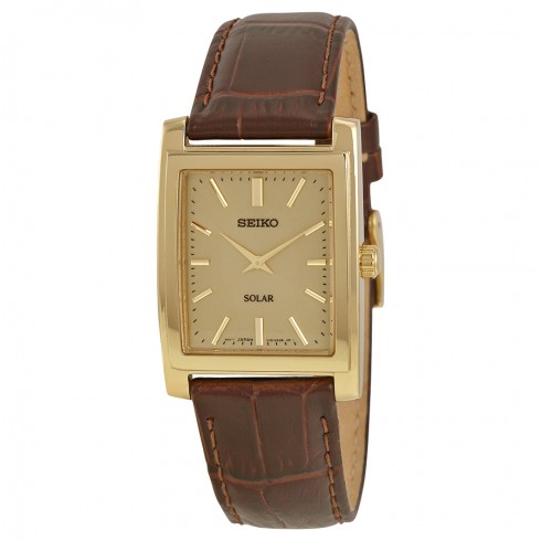 Seiko Solar Quartz Champagne Dial Brown Leather Men's Watch SUP896 watches