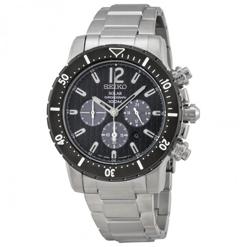 Seiko Solar Quartz Chronograph Black Dial Stainless Steel Men's Watch SSC245 watches