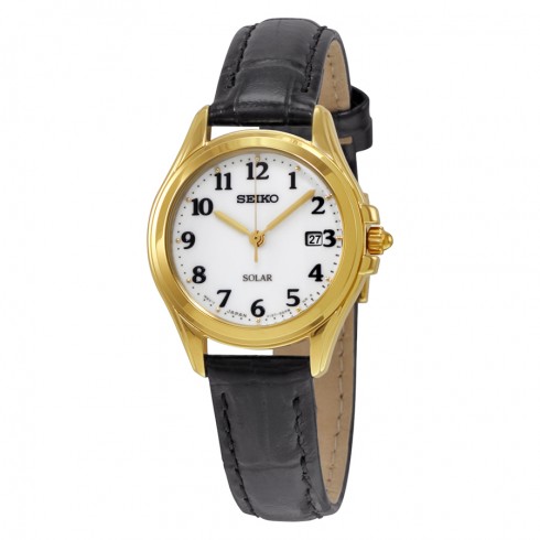Seiko Solar White Dial Black Leather Ladies Watch SUT238 watches