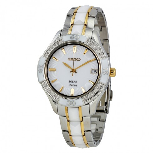 Seiko Solar White Dial Stainless Steel and White Ceramic Ladies Watch SNE880 watches