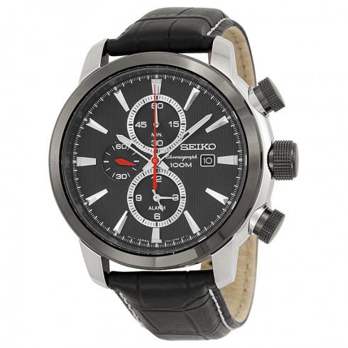Seiko Sport Chronograph Black Dial Black Leather Men's Watch SNAF47P2 watches