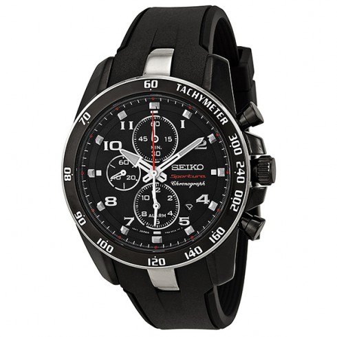 Replica Seiko Sportura Black Dial Black Steel Black Rubber Chronograph Men's Watch SNAE89 Watch