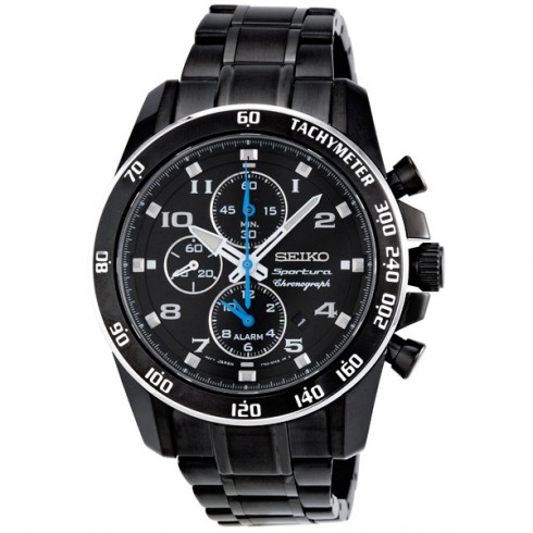 Seiko Sportura Black Dial Chronograph Stainless Steel Men's Watch SNAE77 watches