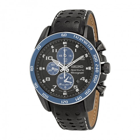 Seiko Sportura Chornograph Black Dial Black Leather Men's Watch SNAF37 watches