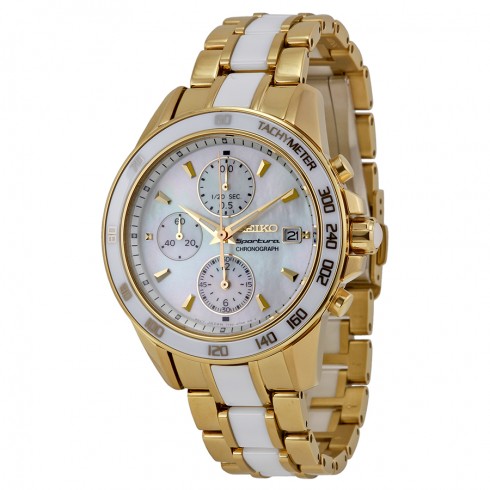Seiko Sportura Chronograph Mother of Pearl Dial Gold-tone and White Ceramic Men's Watch SNDX02P1 watches