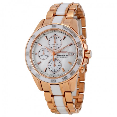 Seiko Sportura Chronograph Mother of Pearl Dial Rose Gold-tone and White Ceramic Men's Watch SNDW98 watches