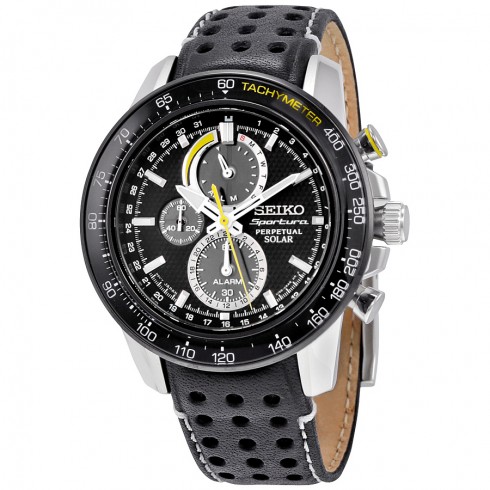 Seiko Sportura Perpetual Solar Chronograph Black Dial Black Leather Men's Watch SSC361 watches