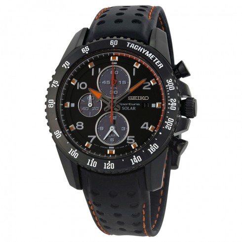 Seiko Sportura Solar Chronograph Black Dial Black Leather Strap Men's Watch SSC273 watches