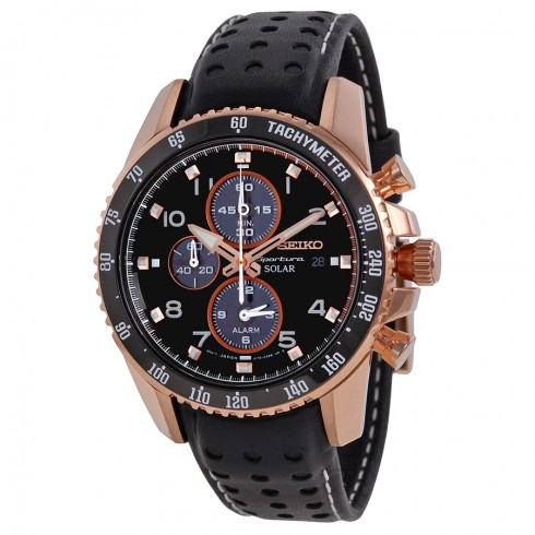 Seiko Sportura Solar Chronograph Black Dial Black Leather Strap Men's Watch SSC274 watches