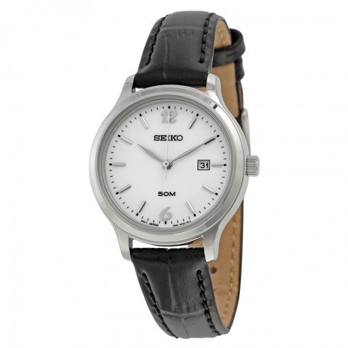 Replica Seiko White Dial Black Crocodile Leather Quartz Ladies Watch SUR791 Watch