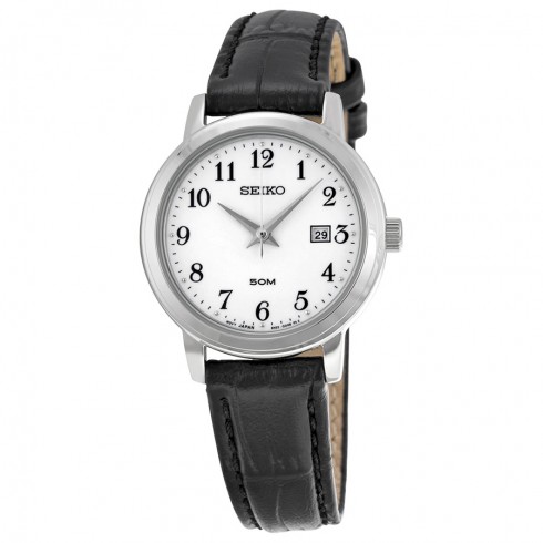 Replica Seiko White Dial Black Leather Ladies Watch SUR823 Watch
