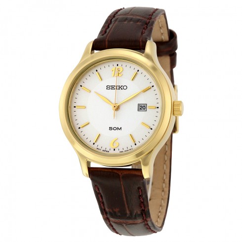 Seiko White Dial Brown Crocodile Leather Quartz Ladies Watch SUR790 watches