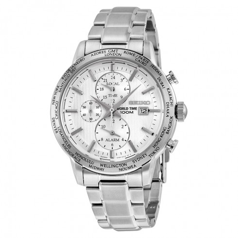 Seiko World Time GMT Chronograph Silver Dial Stainless Steel Men's Watch SPL047 watches