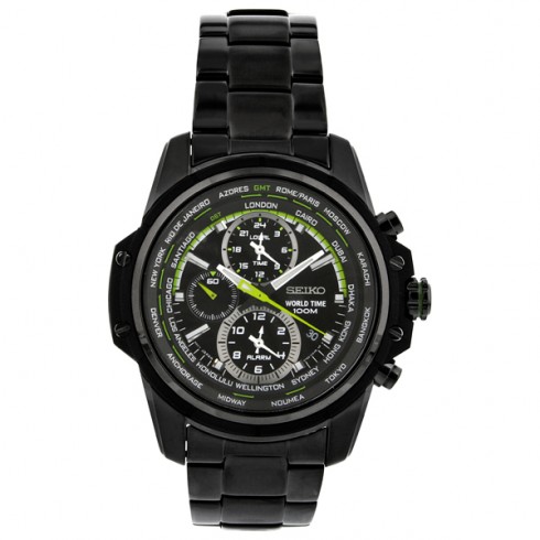 Seiko World Timer Chronograph Black Dial Black PVD Stainless Steel Men's Watch SPL045 watches