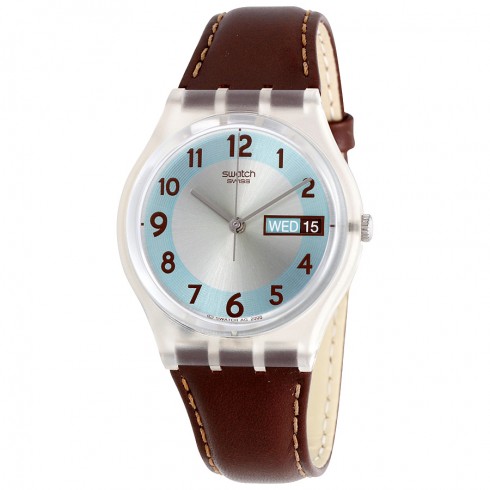 Swatch Blue Conker Grey Dial Brown Leather Men's Watch GE704 watches