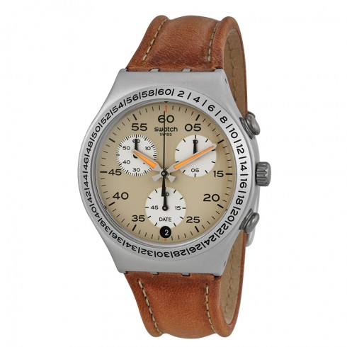 Swatch Brushed Earth Beige Dial Tan Leather Men's Watch YCS4053 watches