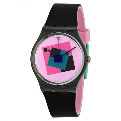 Swatch Crazy Square Pink Dial Black Rubber Unisex Watch GA109 watches