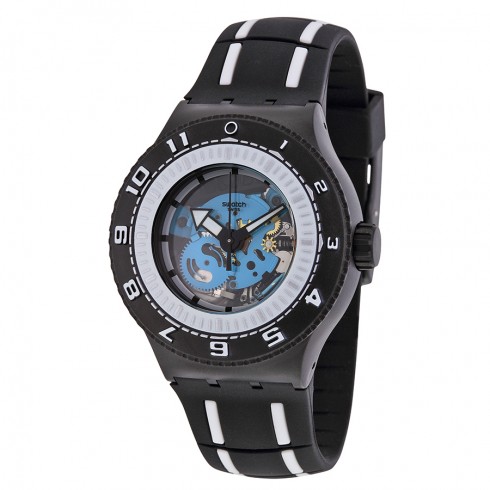 Swatch Feel the Sea Skeleton Dial Black Rubber Men's Sports Watch SUUB101 watches