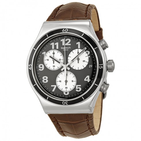 Swatch Irony Browned Chronograph Black Dial Leather Strap Men's Watch YVS400 watches