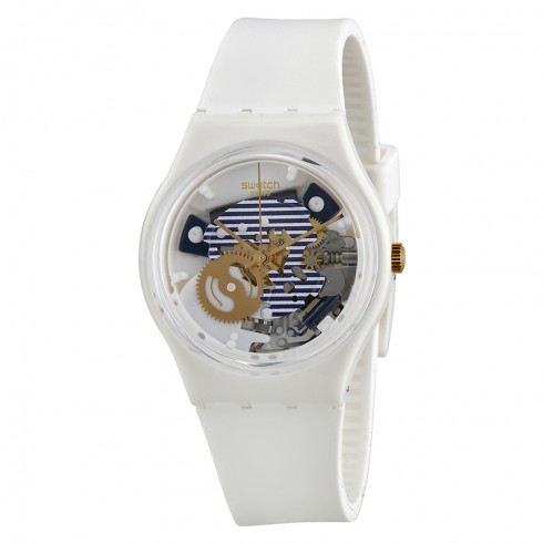Swatch Mariniere Blue White Transparent Dial White Silicone Unisex Watch GW169 watches