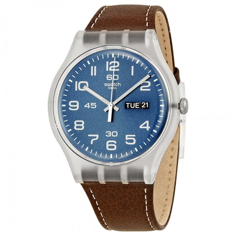 Swatch Originals Daily Friend Blue Dial Brown Leather Unisex Watch SUOK701 watches