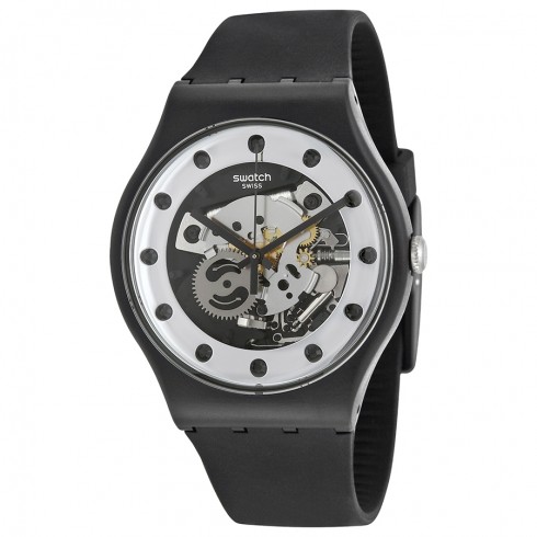 Swatch Originals Silver Glame Skeleton Dial Black Silicone Men's Watch SUOZ147 watches