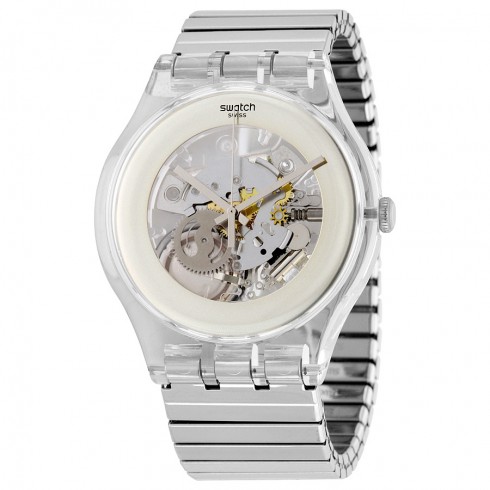 Swatch Originals Silver Skeleton Dial Stainless Steel Men's Watch SUOK105FB watches