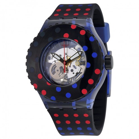 Swatch Polka Dot Transparent Dial Black Silicone Ladies Watch SUUN100 watches
