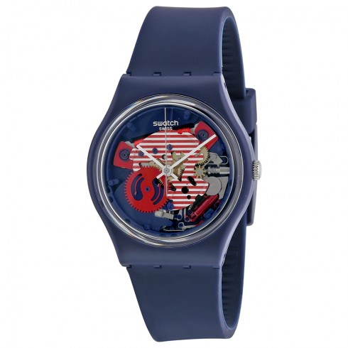 Swatch Porticciolo Red White Transparent Dial Blue Silicone Band Ladies Watch GN239 watches