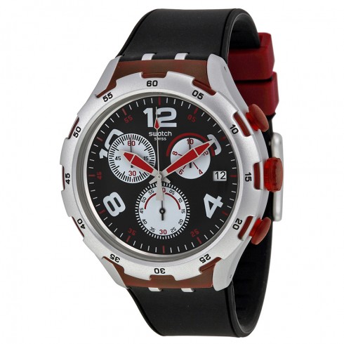 Swatch Red Wheel Chronograph Black Dial Black Silicone Men's Wartch YYS4004 watches