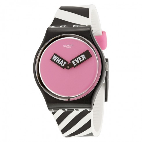 Swatch When-Ever Pink Dial Black and White Striped Silicone Unisex Watch GB284 watches