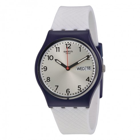 Swatch White Delight Silver Dial White Silicone Strap Men's Watch GN720 watches