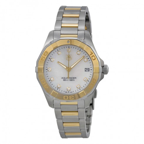 Tag Heuer Aquaracer Mother of Pearl Diamond Dial Stainless Steel 18kt Yellow Gold Ladies Watch WAY1351.BD0917 watches