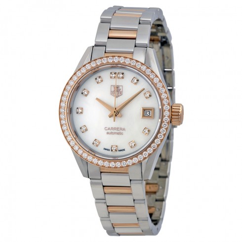Tag Heuer Carrera Automatic White Mother of Pearl Dial Stainless Steel and 18kt Rose Gold Ladies Watch WAR2453.BD0772 watches