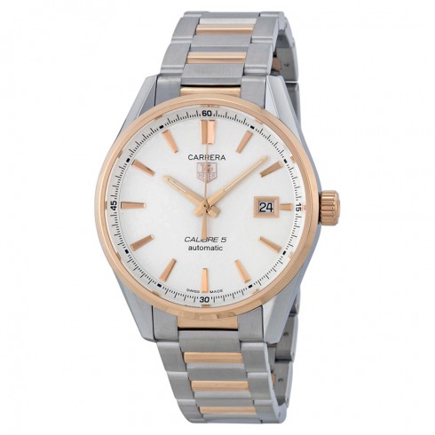 Tag Heuer Carrera Caliber 5 Silver Dial Stainless Steel 18kt Rose Gold Men's Watch WAR215DBD0784 watches