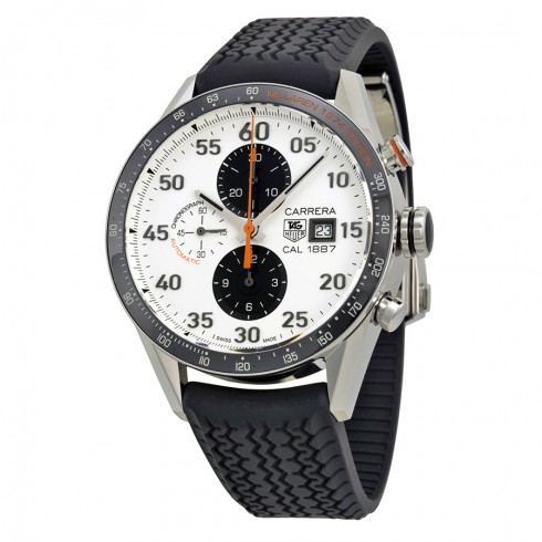 Tag Heuer Carrera Chronograph McLaren Mercedes Calibre 1887 White Dial Black Rubber Men's Watch CAR2A12FT6033 watches