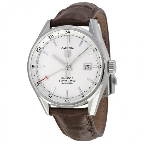 Tag Heuer Carrera Dual Time Silver Dial Brown Leather Men's Watch WAR2011FC6291 watches