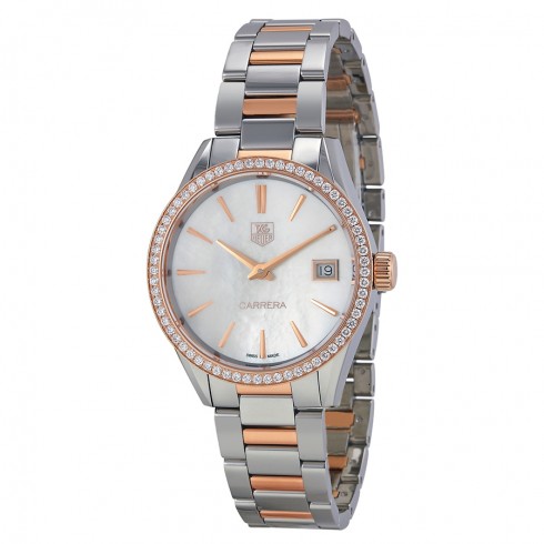Tag Heuer Carrera White Mother of Pearl Dial Stainless Steel and 18kt Rose Gold Ladies Watch WAR1353.BD0774 watches