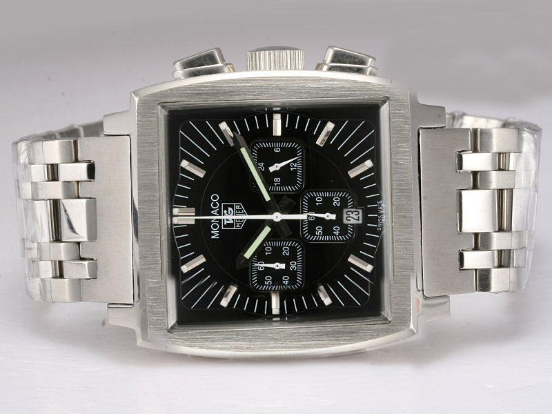 Replica TAG Heuer Monaco Monaco Calibre 12 Rectangle Silver Stainless Steel Strap Black Dial Watch Watch