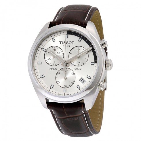 Tissot PR100 Chronograph Silver Dial Brown Leather Men's Watch T1014171603100 watches