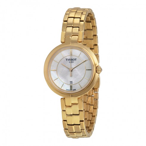 Tissot Flamingo White Mother Of Pearl Dial Yellow Gold Plated Band Ladies Quartz Watch T0942103311100 watches