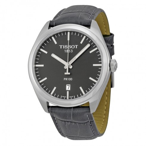 Tissot PR100 Grey Dial Grey Leather Men's Watch T1014101644100 watches
