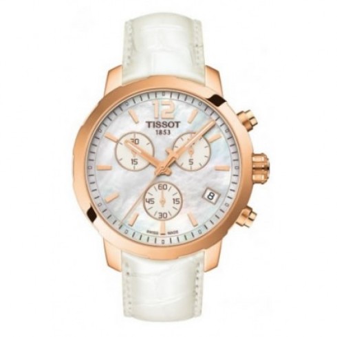 Tissot Quickster Chronograph White Mother Of Pearl Dial White Leather Gold-tone Steel Case Men's Watch T095.417.36.117.00 watches